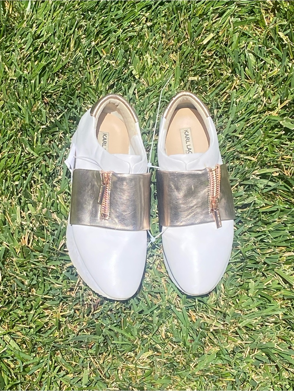 Karl Lagerfeld White Slip-Ons with Metallic Gold Band and Zipper